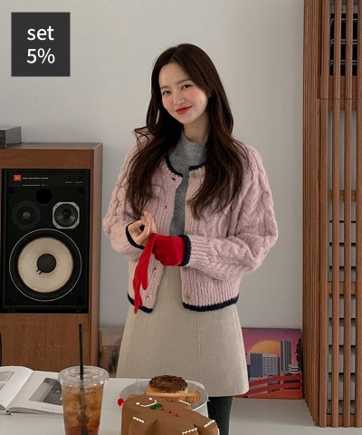ベリー配色カーディガン+ベベ半袖ニット+マグウールスカート(ウール70%) 韓国ファッション通販 ダルトゥ