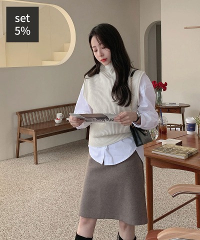 モダニコットンシャツ+ダグウールポーラベスト(ウール80%)+ソフィアウールミディスカート(ウール50%) 韓国ファッション通販 ダルトゥ