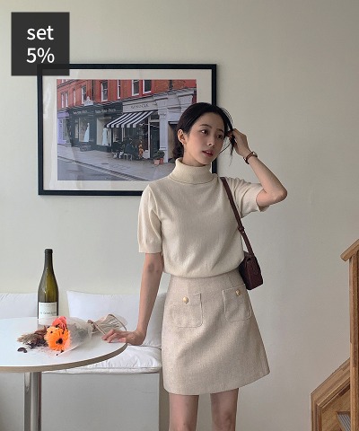 ラクーンポーラ半袖ニット（ウール45％）+メリー金髪ツイードスカート 韓国ファッション通販 ダルトゥ