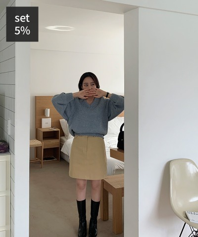 エディアアルパカVネックニット+ピクニックコットンスカート 韓国ファッション通販 ダルトゥ